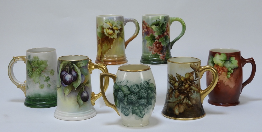 Appraisal: PC AMERICAN BELLEEK FRUIT FOLIAGE TANKARD MUGS United States Early