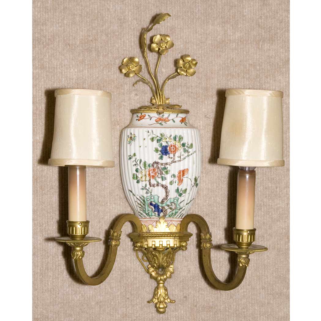 Appraisal: Pair of Bagues Gilt-Bronze Mounted Famille Verte Porcelain Two-Light Sconces