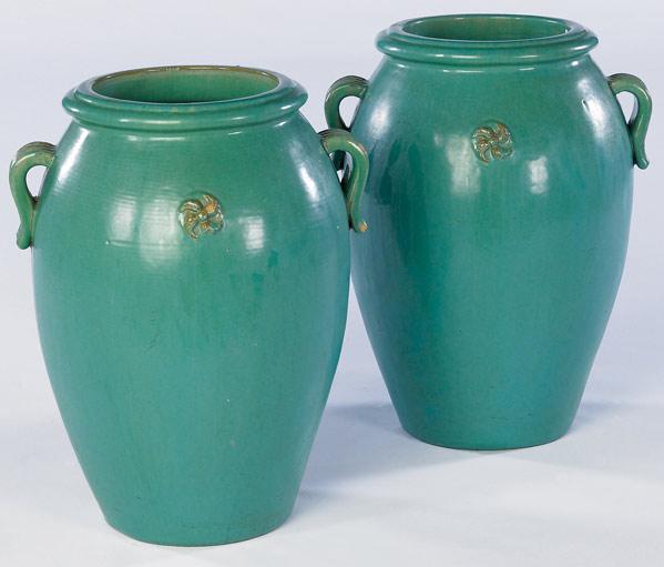 Appraisal: GALLOWAY URNS Pair of monumental garden urns in green glaze