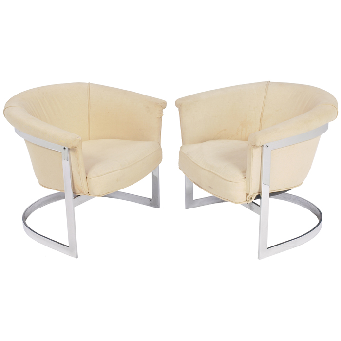 Appraisal: Milo Baughman lounge chairs pair barrel-shaped upholstered seats rest in