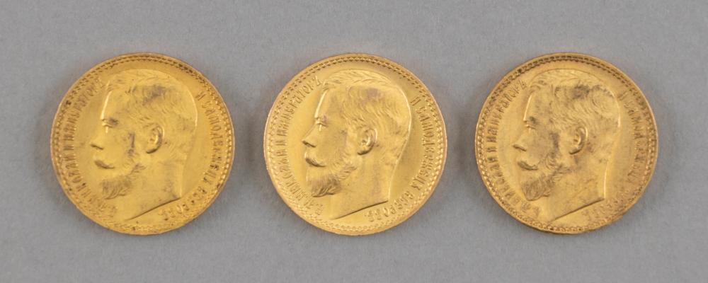 Appraisal: THREE RUSSIAN NICHOLAS II ROUBLE GOLD COINS APPROX DWT THREE