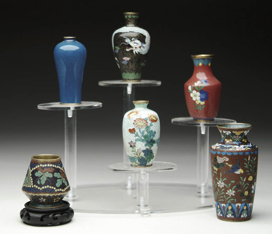 Appraisal: SIX SMALL CLOISONN VASES AND ONE STAND - h unmarked