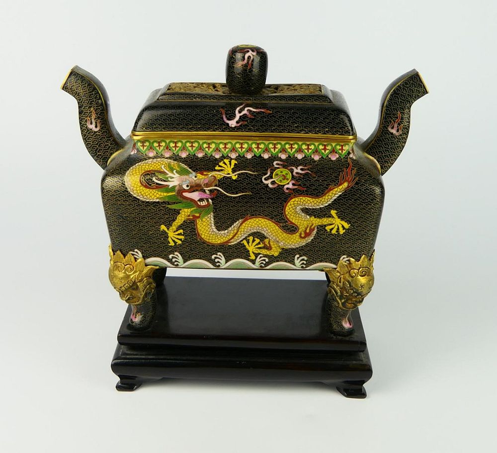 Appraisal: CHINESE BLACK GROUND CLOISONNE ENAMELED CENSER A vintage Chinese black