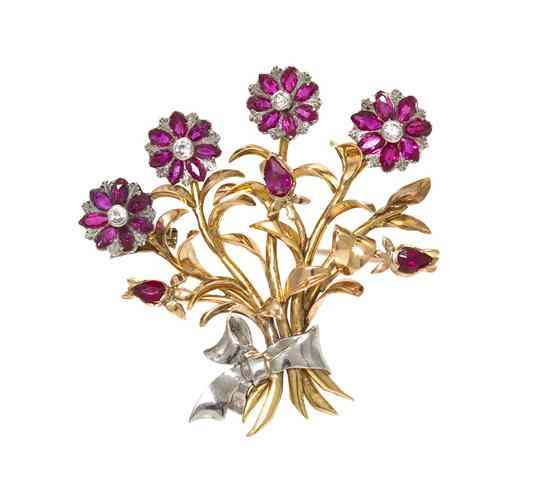 Appraisal: A Retro Karat Gold Diamond and Ruby Flower Brooch containing