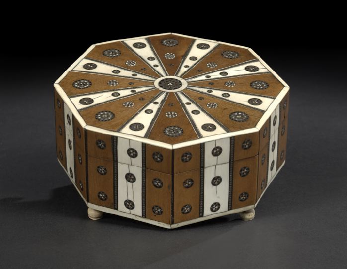 Appraisal: North African Bone- and Patinated Wire-Inlaid Fruitwood and Bone Octagonal