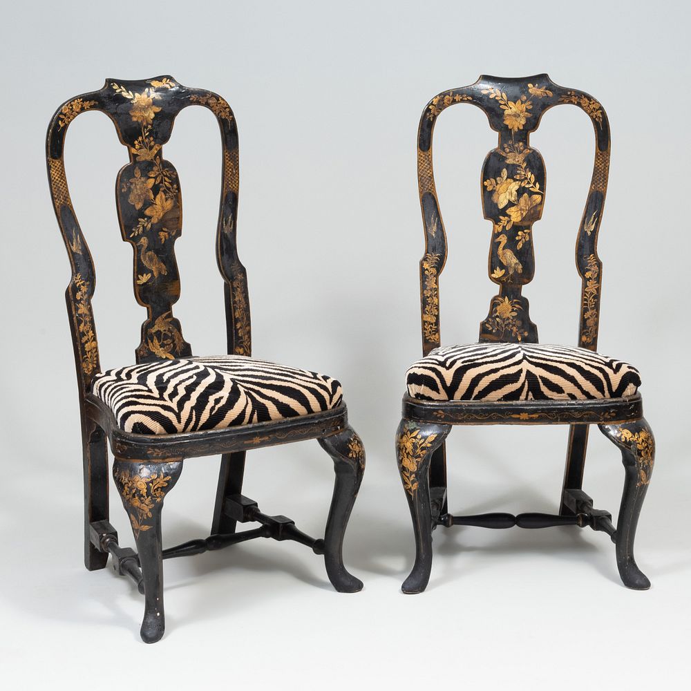 Appraisal: Pair of Queen Anne Black Lacquer and Parcel-Gilt Side Chairs