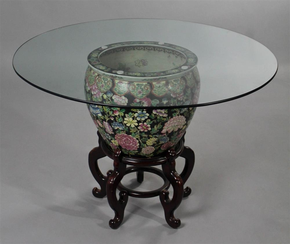 Appraisal: CHINESE ROSE MEDALLION JARDINIERE NOW MOUNTED AS A TABLE the