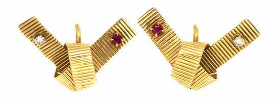 Appraisal: A Pair of Karat Yellow Gold Diamond and Ruby Textured