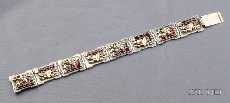 Appraisal: Arts Crafts Silver Gold and Garnet Bracelet Edward Everett Oakes