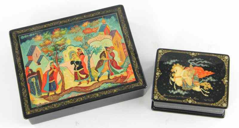 Appraisal: Two Russian Lacquered Boxesboth rectangular form each hand-painted and signed