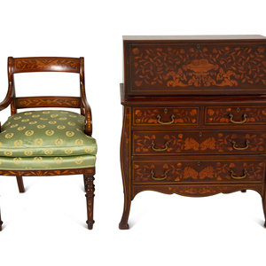 Appraisal: A Dutch Rococo Style Marquetry Slant-Front Bureau and Matching Chair