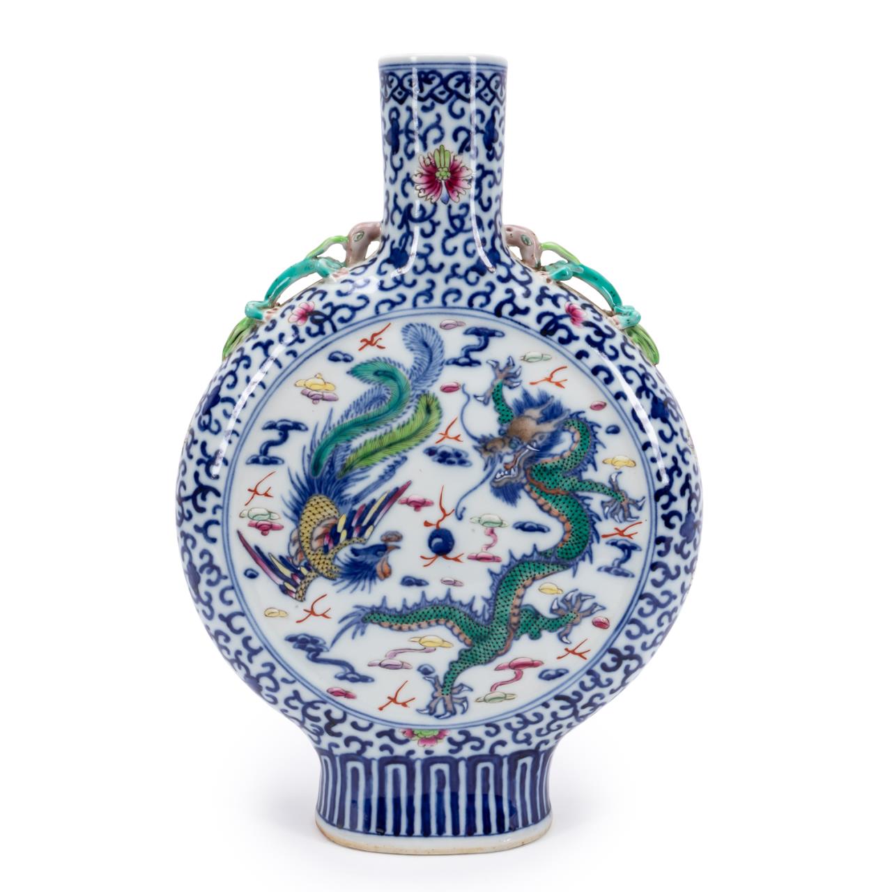 Appraisal: CHINESE BLUE WHITE WITH DOUCAI MOON FLASK Chinese blue and