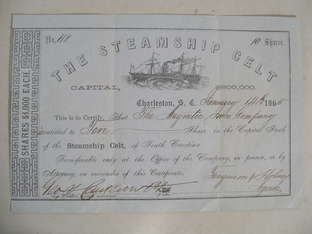 Appraisal: Confederate Blockade Runner Stock Certificate for the Steamship Celt one