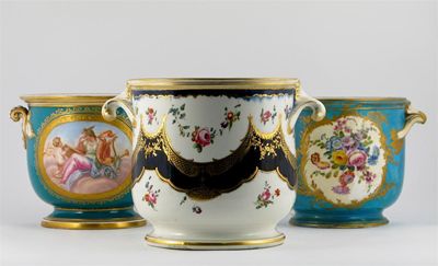 Appraisal: Three S vres-style c chepots two painted with flowers and