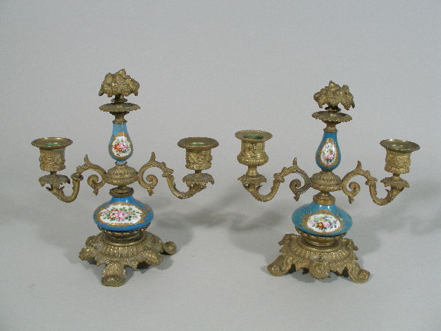 Appraisal: Pair Sevres Style Porcelain Mounted Candelabra diminutive size having hand-painted