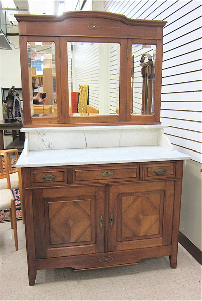 Appraisal: MARBLE TOPPED WALNUT DRESSER WITH ATTACHED MIRRORS Belgian c having