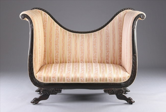 Appraisal: VICTORIAN MAHOGANY STRIPED UPHOLSTERED SETTEE Late th century after the