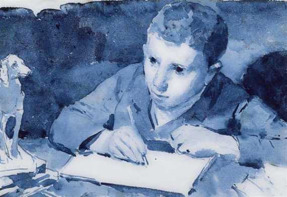 Appraisal: ANKER ALBERT Ins Boy drawing Brushed India ink in blue