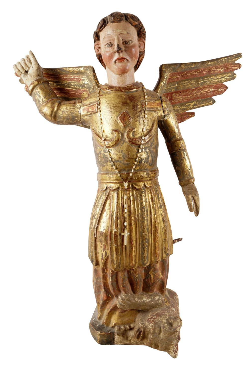 Appraisal: COLONIAL CARVED POLYCHROMED WOOD SANTOdepicting Saint Michael Provenance The Estate