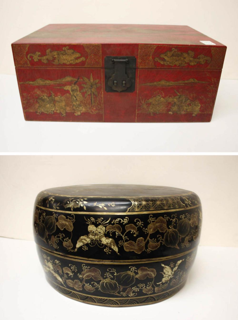 Appraisal: TWO CHINESE STORAGE VESSELS rectangular pigskin trunk with lift top