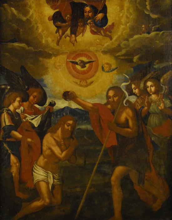 Appraisal: SPANISH COLONIAL SCHOOL early th century BAPTISM OF CHRIST oil