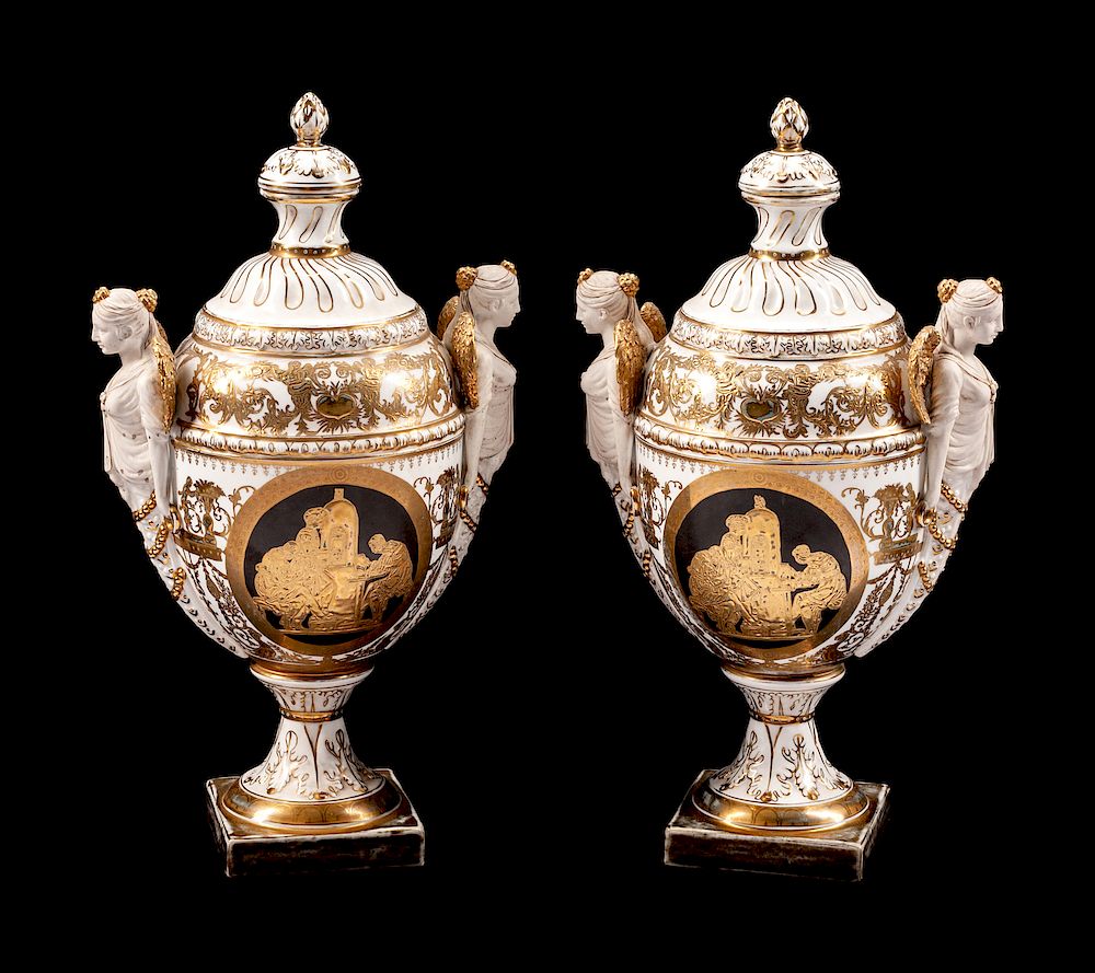 Appraisal: A Pair of German Bisque and Porcelain Vases and Covers