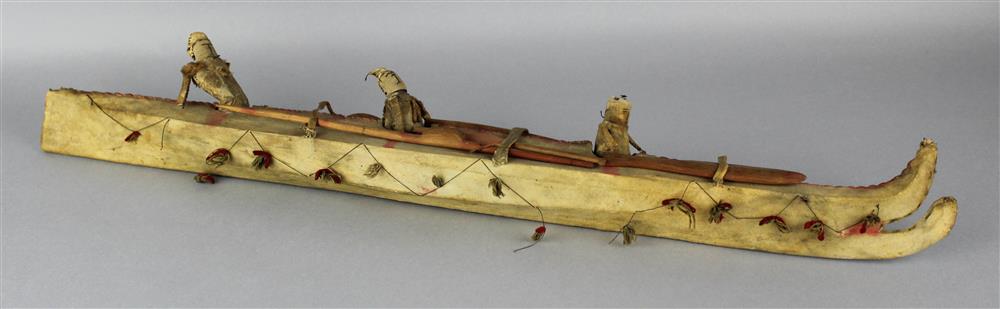 Appraisal: INUIT HIDE AND WOOD KAYAK SUGPIAQ KODIACK TYPE triple cockpit