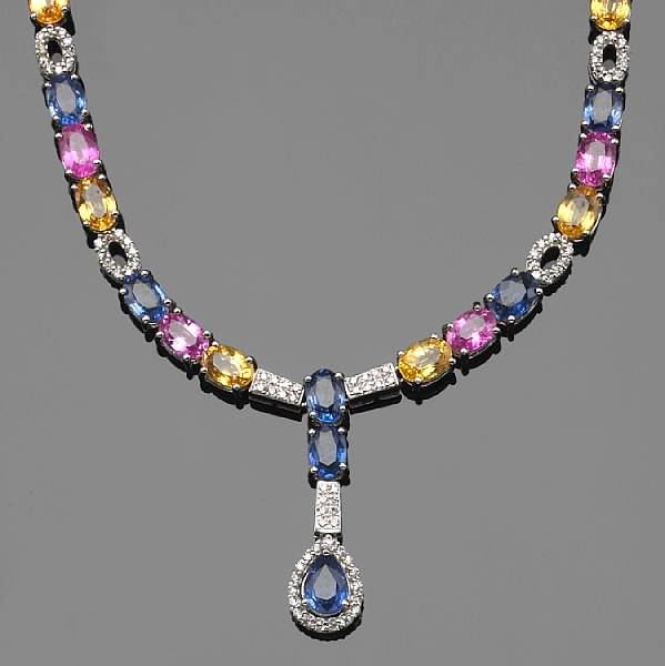 Appraisal: A multi-color sapphire diamond and k white gold necklace estimated