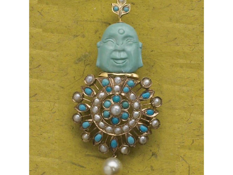 Appraisal: TURQUOISE AND PEARL BROOCH k yellow gold pendant brooch of