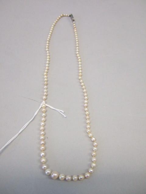 Appraisal: A single row necklace of mostly cultured pearls graduating in