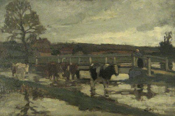 Appraisal: Bertram Priestman British - Cattle crossing a ford at twilight