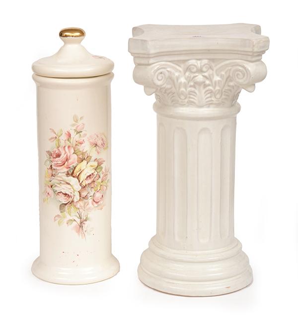 Appraisal: A PAINTED TERRACOTTA COLUMNAR STOOL AND A CERAMIC TOILET BRUSH