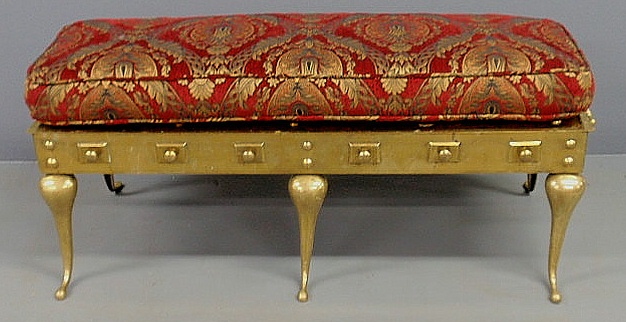 Appraisal: Brass footman style bench with upholstered seat Overall h x