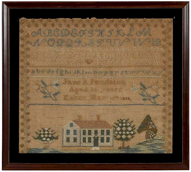 Appraisal: Essex Connecticut House Sampler Essex Connecticut stitched over house Jane