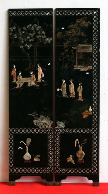 Appraisal: An oriental lacquered screen with mother-of-pearl inlay four panels cms