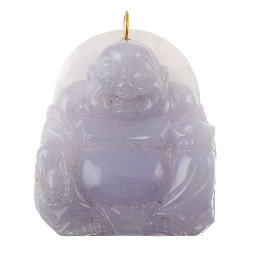 Appraisal: A Carved Lavender Jade Hotei Buddha Pendant High luster lavender