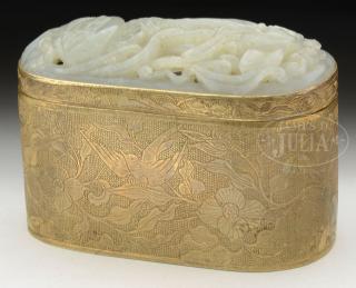 Appraisal: JADE AND BRASS COVERED BOX JADE AND BRASS COVERED BOX