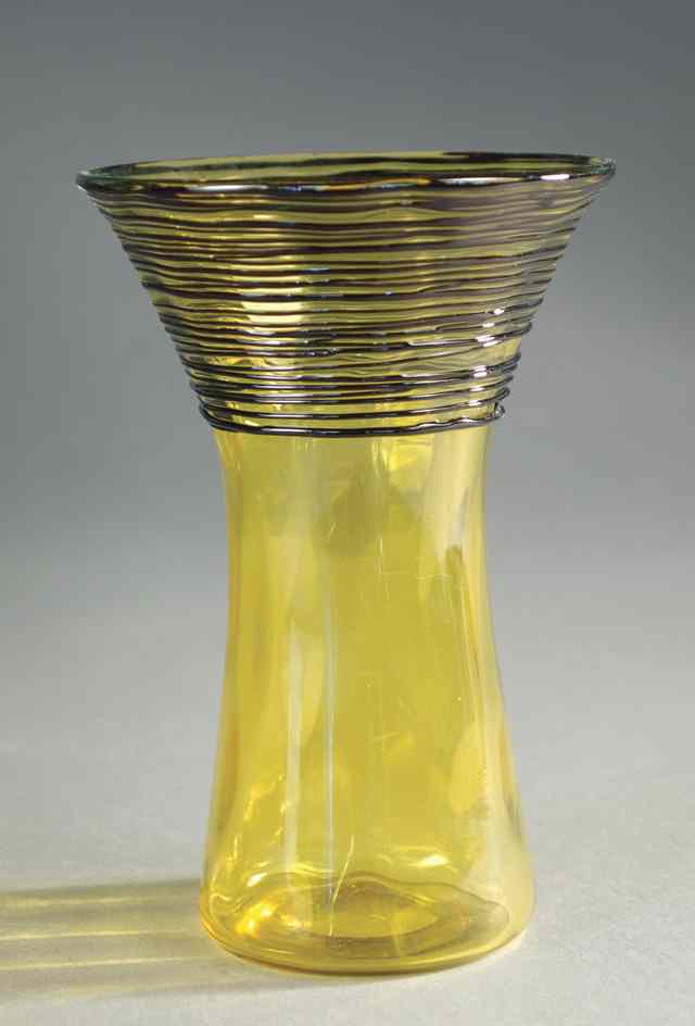 Appraisal: STEUBEN THREADED ART GLASS VASE golden yellow with black threaded