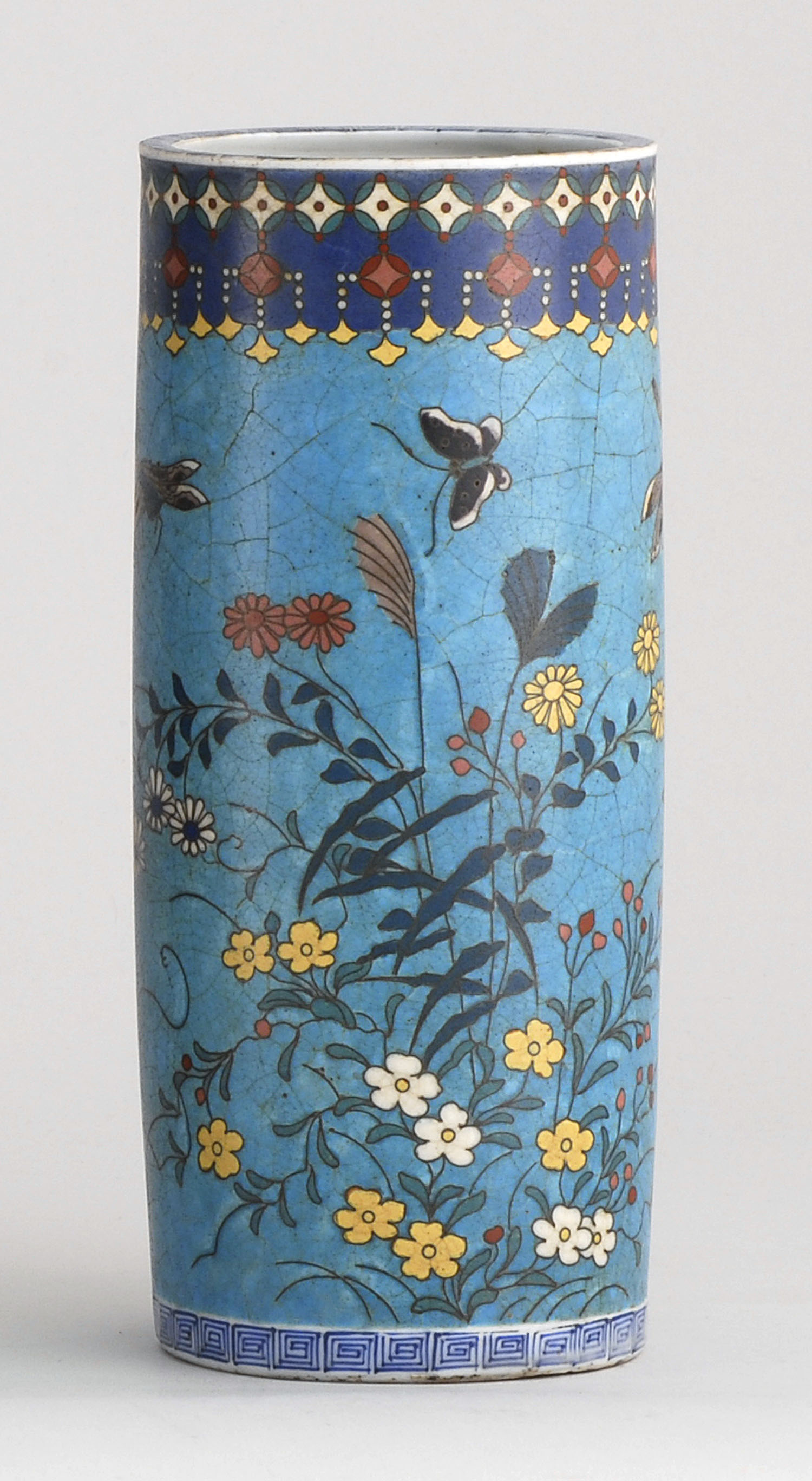 Appraisal: TOTAI ENAMEL-ON-PORCELAIN CYLINDER VASE Meiji PeriodWith dragonfly butterfly and floral