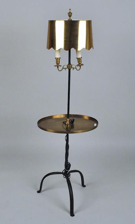 Appraisal: Brass Wrought Iron Two-Light Floor Lamp with brass scalloped shade