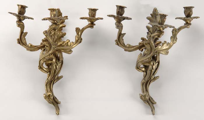 Appraisal: PAIR OF HEAVY BRONZE ROCOCO THREE-LIGHT CANDELABRA French style candelabra