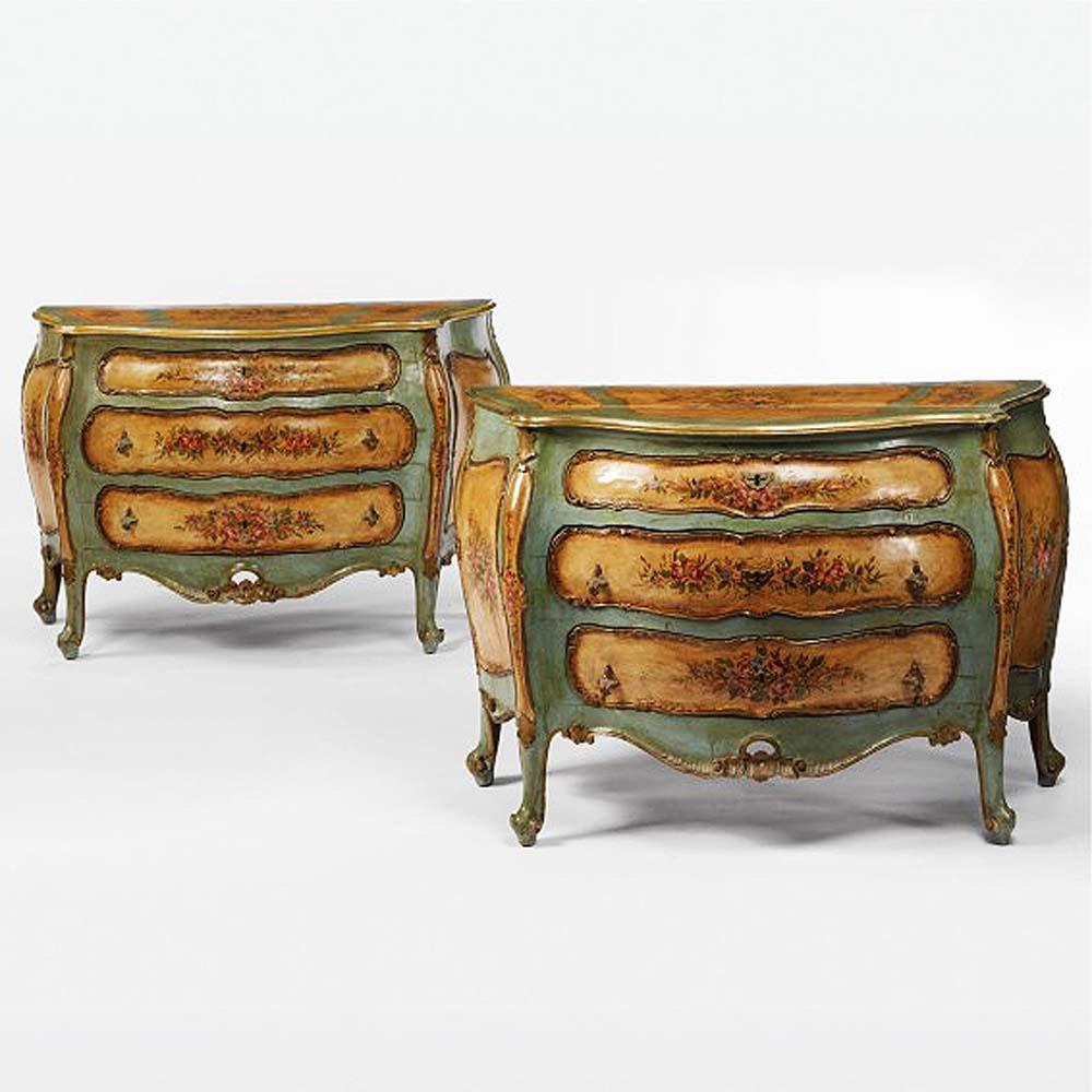 Appraisal: PAIR ITALIAN ROCOCO STYLE PAINTED BOMBE COMMODESLate th Century Each