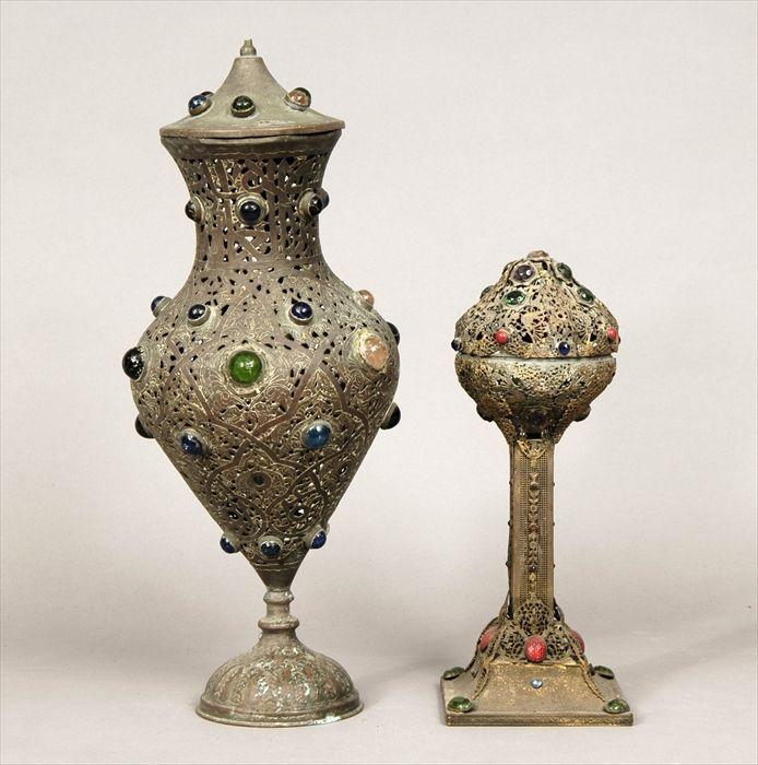 Appraisal: Two Middle Eastern Pierced Brass Table Lamps with Glass Jewels