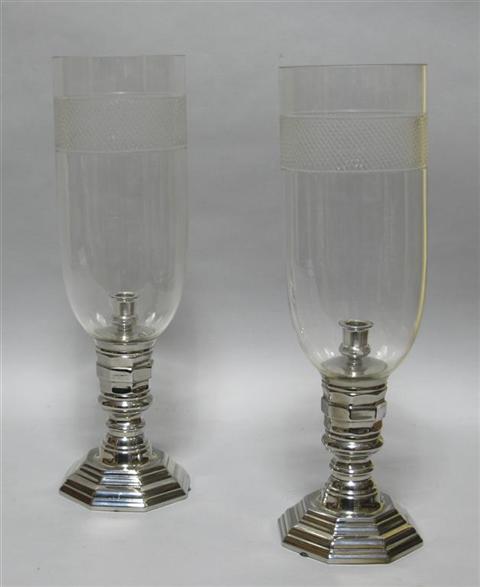 Appraisal: PAIR OF CHROME HURRICANE LAMPS Each with a single candleholder