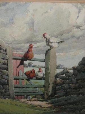 Appraisal: ARTHUR C LANGHORNE Chickens on a Farm Gate signed and