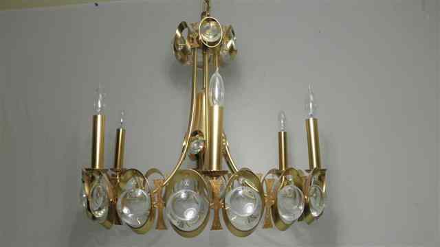 Appraisal: German gilt metal chandelier with unique circular crystal prisms Six