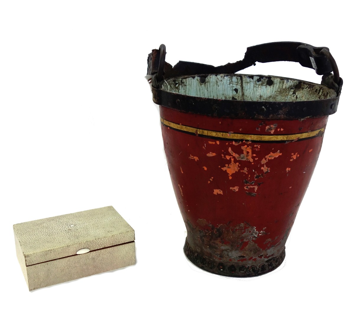 Appraisal: A polychrome painted metal bound leather fire bucket with strap