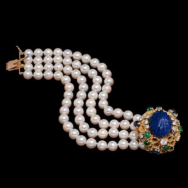 Appraisal: Multiple Strand Pearl Bracelet with Statement Gem and Lapis Clasp