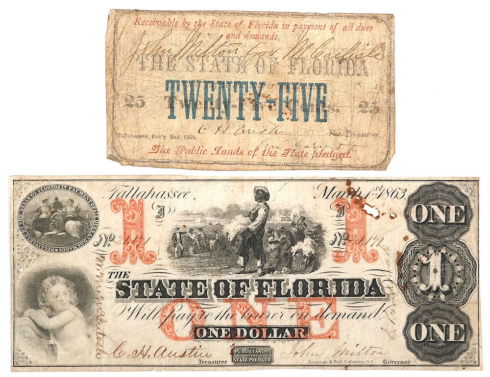 Appraisal: CONFEDERATE CURRENCY Florida c note printed on one side only