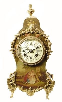 Appraisal: A French painted and brass mounted cartouche shape mantel clock